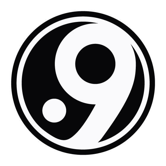 Black and white circular yin-yang inspired design with the number 9 integrated.